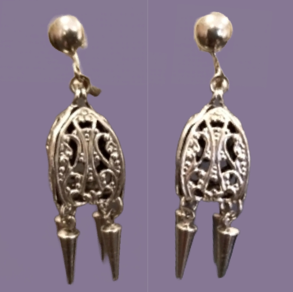 Vintage Pagoda Silver Tone Dangle Earrings